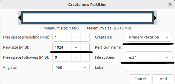 creating the first primary partition with a size of 1024 MB