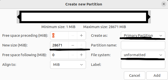 creating the third primary partition with a size of 1024 MB