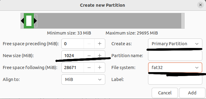 creating the second primary partition with a size of 1024 MB